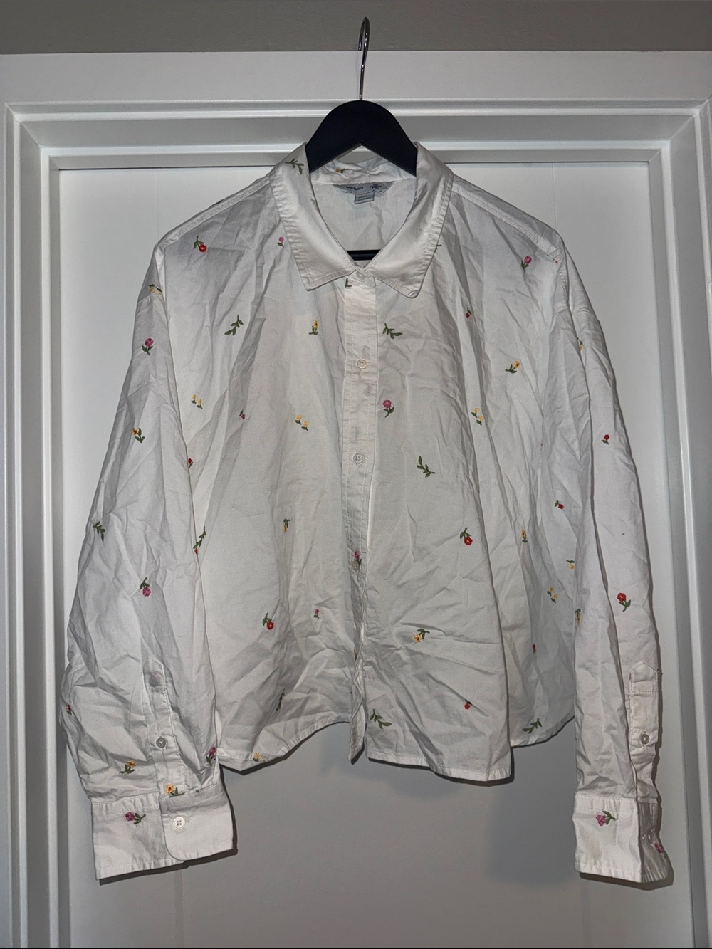 Old Navy White Button-Up Shirt with Small Floral Embroidery